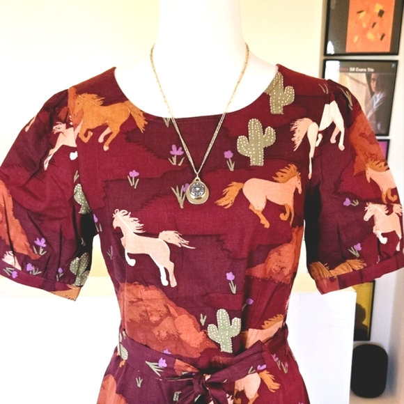 🏷️MODCLOTH PRINCESS HIGHWAY Equestrian Puff Sleeve Linen Cotton Midi Dress Sz 8 - Picture 4 of 13